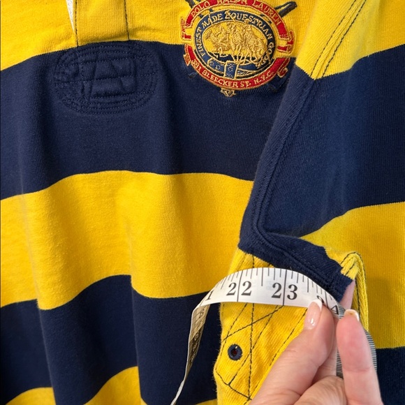 Vintage Ralph Lauren Men's Navy and Yellow Striped Shirt - Picture 9 of 9